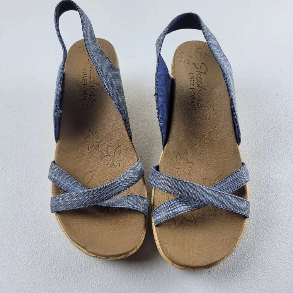 Skechers Luxe Cross Leigh Foam Cork Wedge Ankle Strap Open Toe Sandals 8 Blue